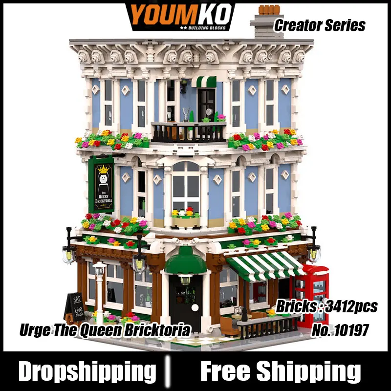 Модульное здание Queen Bricktoria MOC, угол улицы в лондонском стиле, паб, 3412 деталей, модель игрушки
Модульное здание Queen Bricktoria MOC, угол улицы в лондонском стиле, паб, 3412 деталей, модель игрушки