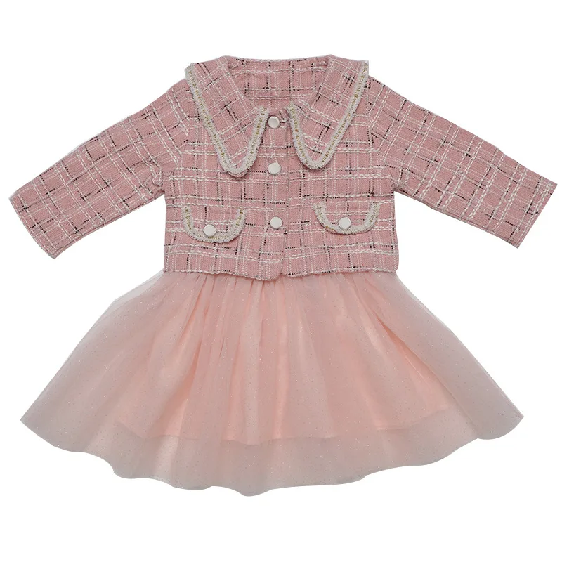 Girls knitted plaid jacket spring suit fashion lapel button vest net yarn princess dress female baby two-piece suit
Girls knitted plaid jacket spring suit fashion lapel button vest net yarn princess dress female baby two-piece suit
