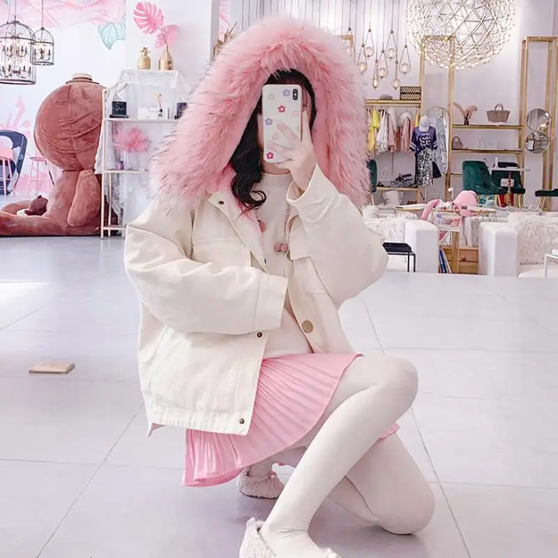 Women Jacket With Siamese Cap Korean Style Big Fur Collar Lamb Velvet Short Denim Jacket Women Loose Thick Cotton Padded Coat
Women Jacket With Siamese Cap Korean Style Big Fur Collar Lamb Velvet Short Denim Jacket Women Loose Thick Cotton Padded Coat