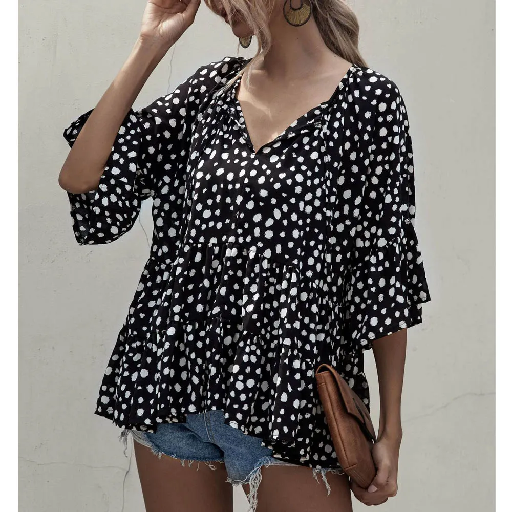 Women V Neck Polka Dot Print Tops Flare Sleeve Ruffles Doll Shirts Casual Loose Boho Short Sleeve Chiffon Blouses 2021 New
Women V Neck Polka Dot Print Tops Flare Sleeve Ruffles Doll Shirts Casual Loose Boho Short Sleeve Chiffon Blouses 2021 New