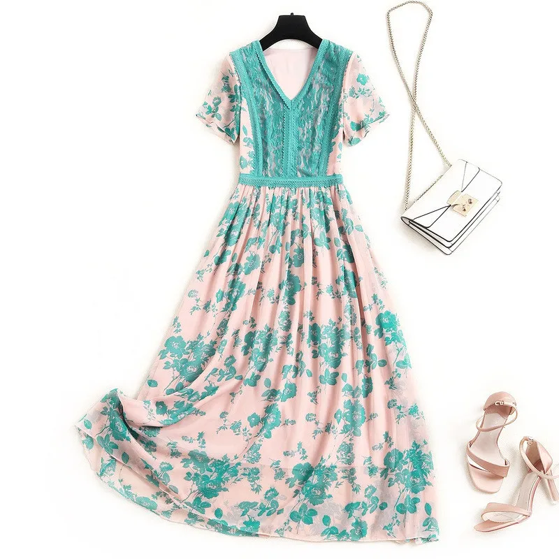 Summer Dress Women 2020 New Clothes Short Sleeve Fashion V Neck Lace Patchwork Print Casual Aline Midi Chiffon Dress Lady
Summer Dress Women 2020 New Clothes Short Sleeve Fashion V Neck Lace Patchwork Print Casual Aline Midi Chiffon Dress Lady