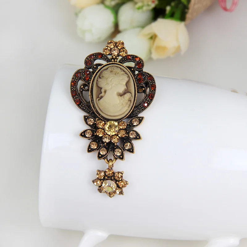 

Vintage Gothic Style Rhinestone Crystal Cameo Beauty Head Brooches for Women Brooch Pin Anquite Assorted Bouquet 2020 New