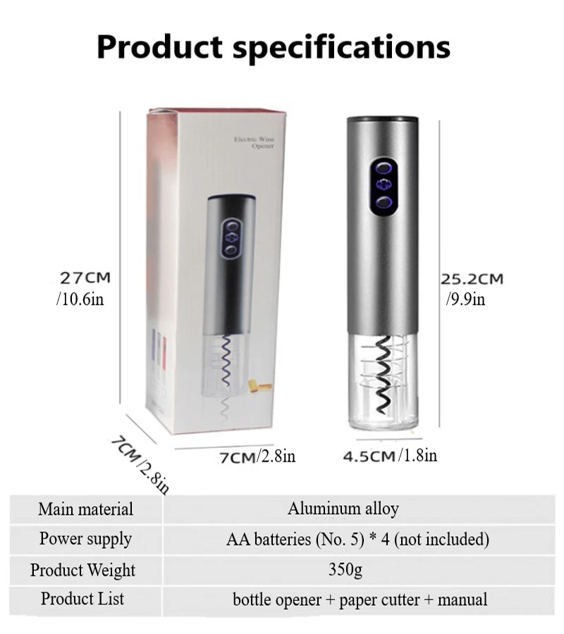 Electric Wine Bottle Opener Set Automatic Cork Screw Professional Red Wine Opener With Foil Cutter For Home Kitchen Tools
Electric Wine Bottle Opener Set Automatic Cork Screw Professional Red Wine Opener With Foil Cutter For Home Kitchen Tools