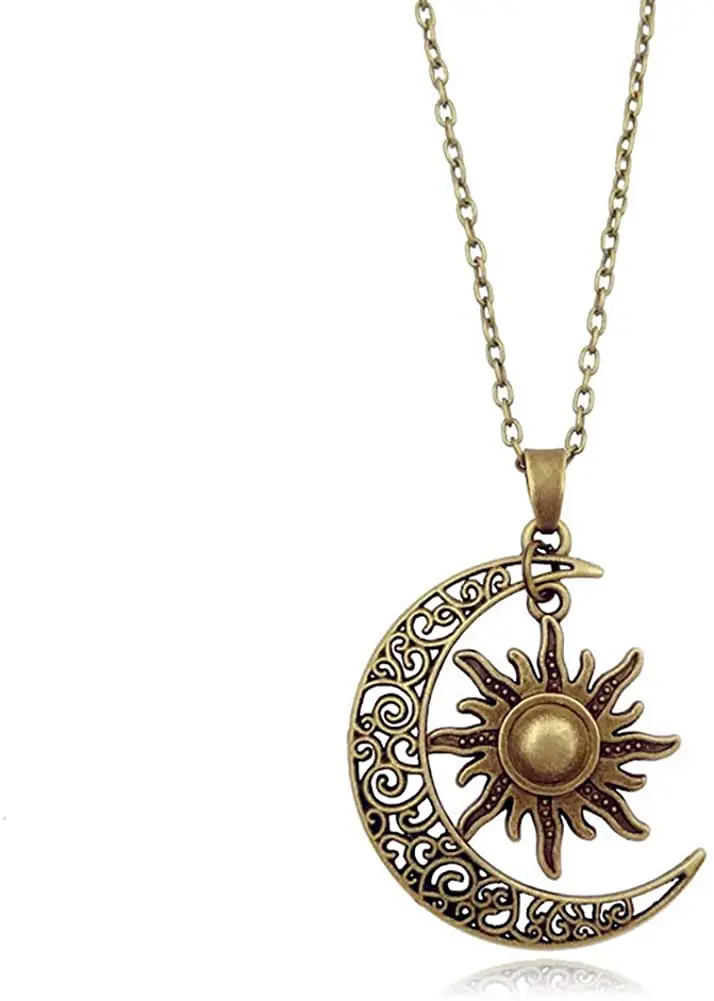 Vintage Bronze Crescent Moon and Sun Pendant Necklace Retro Swirl Filigree Unisex Jewelry Gifts for Women Girls
Vintage Bronze Crescent Moon and Sun Pendant Necklace Retro Swirl Filigree Unisex Jewelry Gifts for Women Girls
