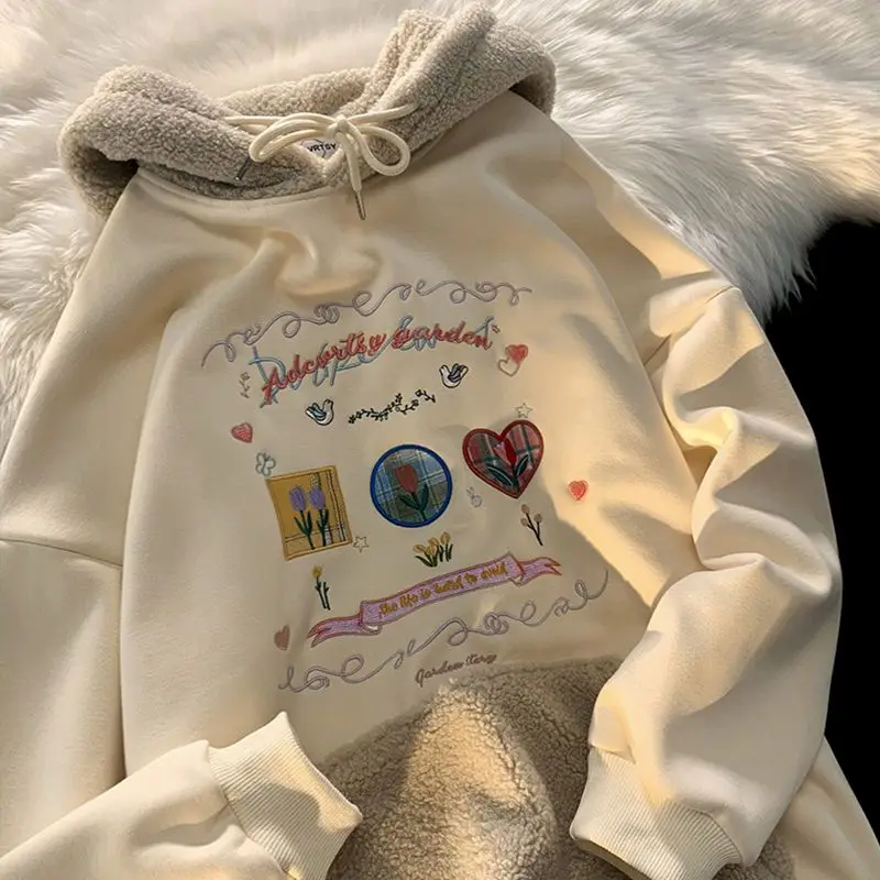 2021 Autumn and Winter New Lamb Cashmere Sweatshirt Letter Cartoon Printing Hooded Plus Velvet Thick Warm Loose Jacket Harajuku
2021 Autumn and Winter New Lamb Cashmere Sweatshirt Letter Cartoon Printing Hooded Plus Velvet Thick Warm Loose Jacket Harajuku
