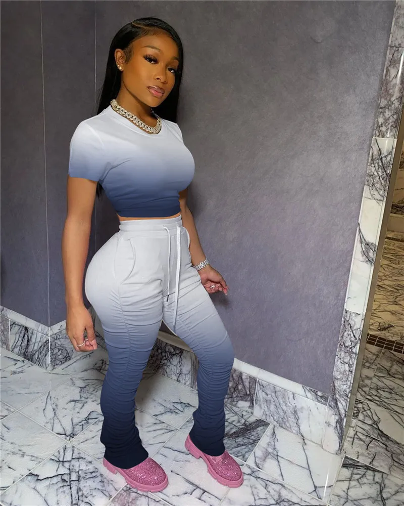 2020 Women Flare Pants Stacked Joggers Gradient Print Short Sleeve T-shirts Pleated High Waist Trousers Split Bell Bottoms 2PCS
2020 Women Flare Pants Stacked Joggers Gradient Print Short Sleeve T-shirts Pleated High Waist Trousers Split Bell Bottoms 2PCS