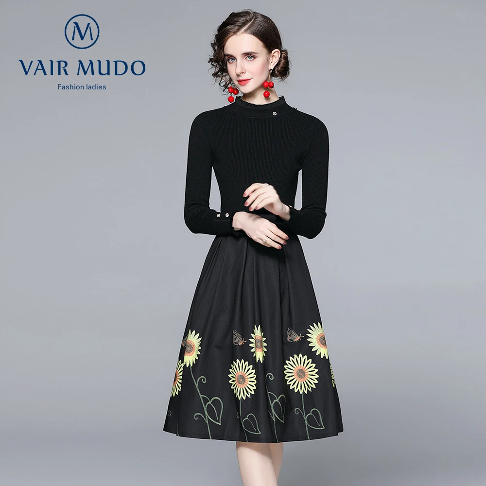 Spring and autumn 2-piece round neck knitted tights + high waist sunflower floral print A-line princess dress suit women Y-575
Spring and autumn 2-piece round neck knitted tights + high waist sunflower floral print A-line princess dress suit women Y-575