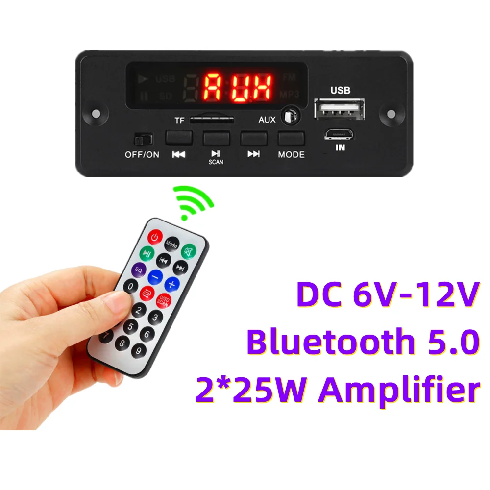 

2*25w amplificador bluetooth 5.0 mp3 player, placa decodificadora, 12v carro, rádio fm, módulo suporte tf usb aux, mãos livres,