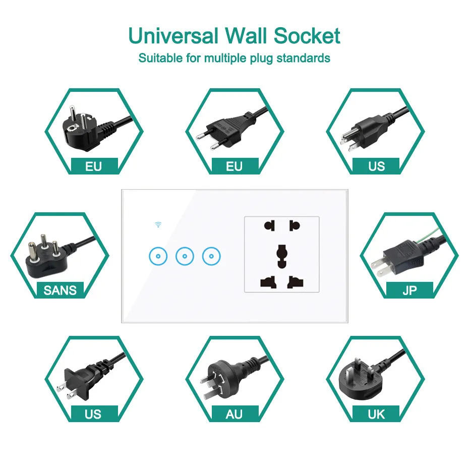 Universal Socket EU US UK AU WiFi Smart Switch Wall Touch LED Light Switch 1 2 3 Gang 90V-240V Work with Google Home Alexa
Universal Socket EU US UK AU WiFi Smart Switch Wall Touch LED Light Switch 1 2 3 Gang 90V-240V Work with Google Home Alexa