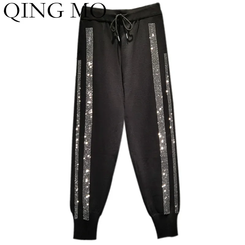 QING MO Black Women Side Stripe Pants With Rhinestone Women Drawstring Pants Female High Waist Ankle Length Pants ZQY6265 
QING MO Black Women Side Stripe Pants With Rhinestone Women Drawstring Pants Female High Waist Ankle Length Pants ZQY6265