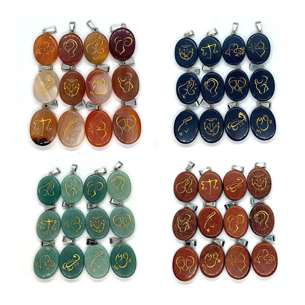 

12pcs/pack Natural Stone Red Agate Opal Pendant Twelve Constellation Set Pendant Reiki Treatment Healing Reiki Decoration
