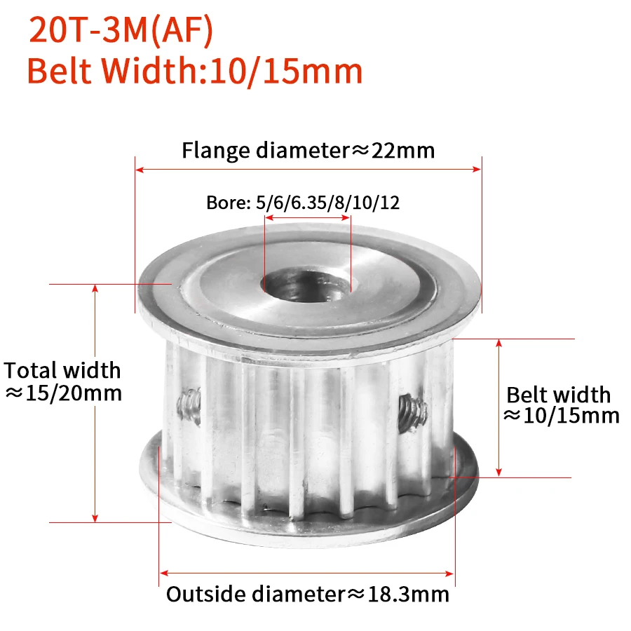 BYCDJ 20 Teeth HTD 3M Synchronous Timing Pulley AF Bore 5/6/6.35/8/10/12mm for Width 10/15mm 3M belt HTD3M pulley 20T 20Teeth
BYCDJ 20 Teeth HTD 3M Synchronous Timing Pulley AF Bore 5/6/6.35/8/10/12mm for Width 10/15mm 3M belt HTD3M pulley 20T 20Teeth