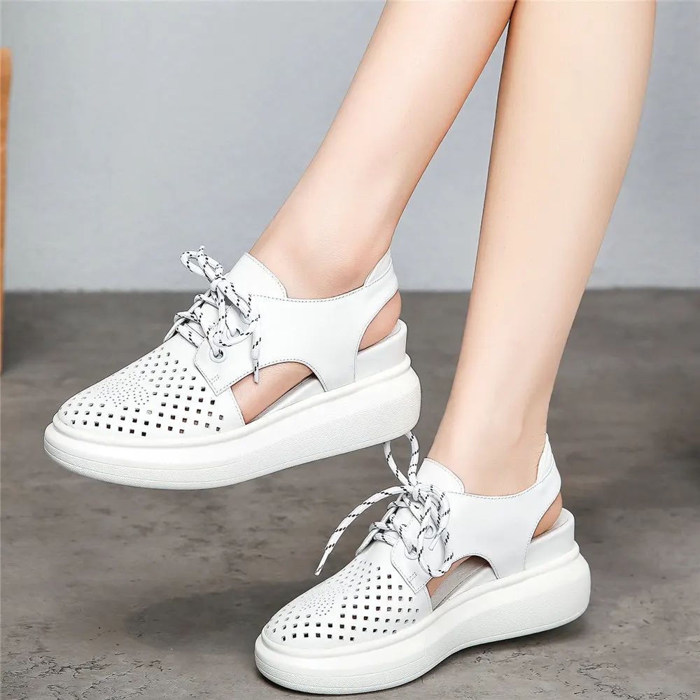 Women Lace Up Cow Leather Wedges High Heel Roman Gladiator Sandals Female Summer Round Toe Platform Fashion Sneakers Casual Shoe 
Women Lace Up Cow Leather Wedges High Heel Roman Gladiator Sandals Female Summer Round Toe Platform Fashion Sneakers Casual Shoe