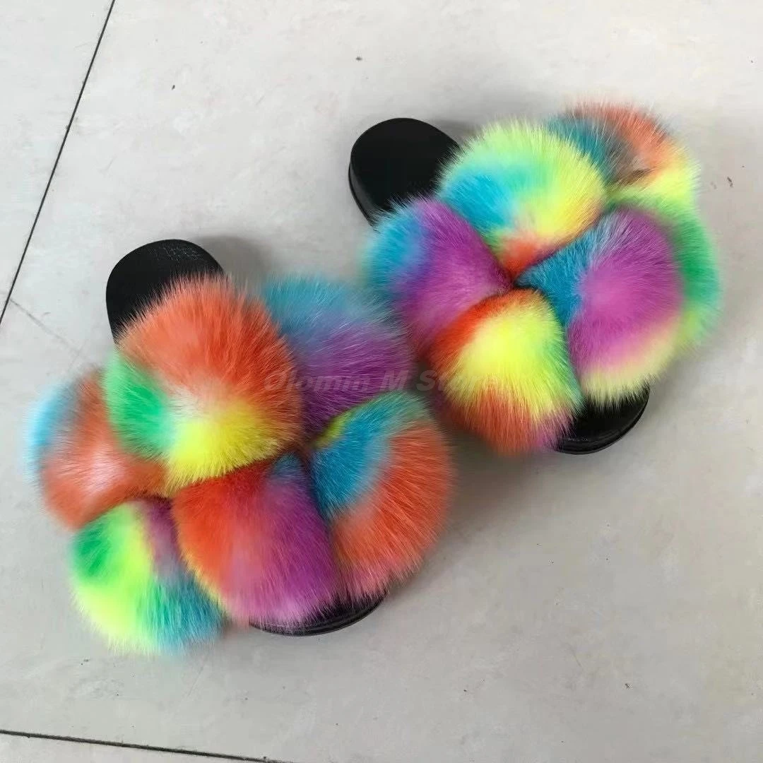 

Real Fox Raccoon Fur Slippers Pom Pom Furry Fur Slides House Plush Flip Flop Slippers Women Fluffy Summer Sandals Females Shoes
