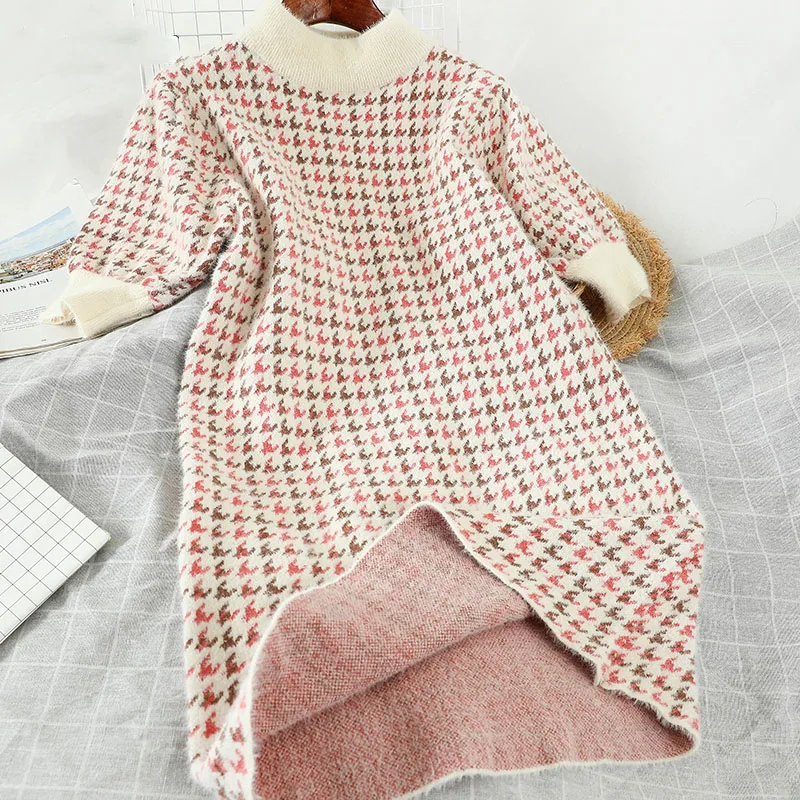 

Женское трикотажное платье-водолазка, теплое платье составного кроя с клетчатыми вставками, подходящее ко всему, осень 2020