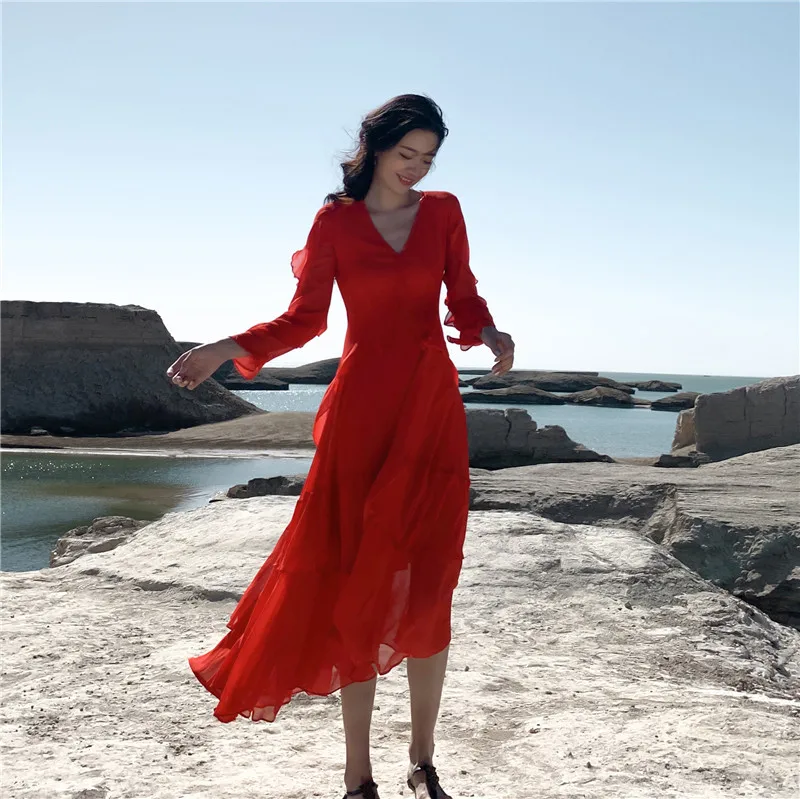 Beach Fairy Chiffon Vestidos 31 Women's Summer 2021 High Quality V-Neck Ruffle Waist Elegant Long Sleeve Mid-Calf Dresses Red
Beach Fairy Chiffon Vestidos 31 Women's Summer 2021 High Quality V-Neck Ruffle Waist Elegant Long Sleeve Mid-Calf Dresses Red