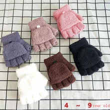 4-9 Years Old Children Coral Fleece Knit Half Finger Flip Cuff Mitten Boy / Girl Winter Plus Velvet Thick Warm Writing Glove C92