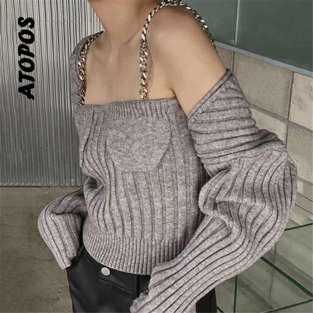 Atopos Chic Chain Knitted Vest Sweater Cardigans Two Piece Sets Fashion Casual Sling Crop Top Sweaters Shawl Woman Clothing 2022
Atopos Chic Chain Knitted Vest Sweater Cardigans Two Piece Sets Fashion Casual Sling Crop Top Sweaters Shawl Woman Clothing 2022