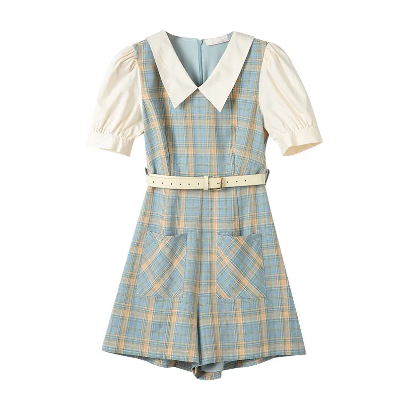 Summer Jumpsuit Women Short Sleeve Rompers Turndown Collar Playsuits French Style Vintage Plaid Overalls Sashes Elegant Clothing
Summer Jumpsuit Women Short Sleeve Rompers Turndown Collar Playsuits French Style Vintage Plaid Overalls Sashes Elegant Clothing