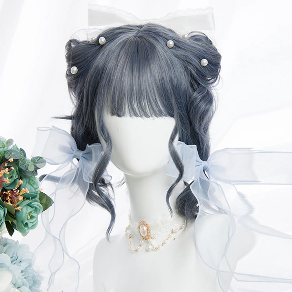 

CosplayMix 32CM Lolita Cute Ombre Short Curly Bob Gray Blue Indigo Bangs Heat Resistant Party Synthetic Hair Cosplay Wig+Cap