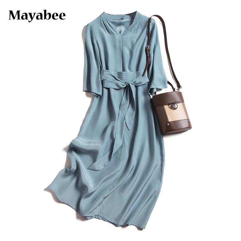Heavy Silk Satin V-Neck Dress Spring And Summer 2021 French Style Elegant Three-Quarter Sleeves Slim-Fit Belt Design Long Skirt
Heavy Silk Satin V-Neck Dress Spring And Summer 2021 French Style Elegant Three-Quarter Sleeves Slim-Fit Belt Design Long Skirt