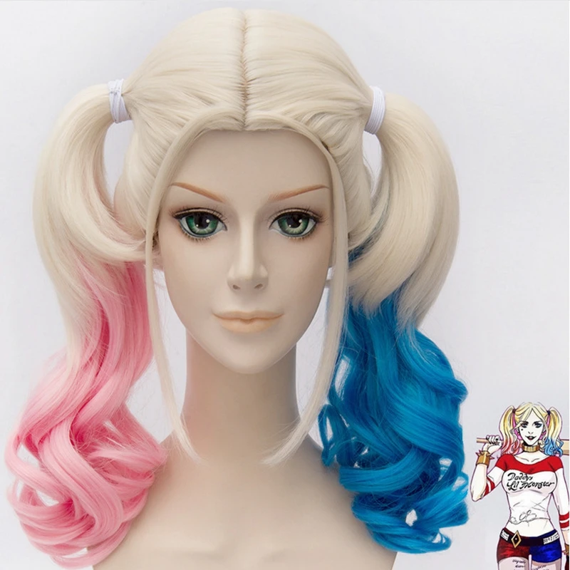 

Halloween Quinn Wigs Cosplay Wigs Costumes Peluca Styled Curly Synthetic Ponytail Heat Resistant Hair Halloween Party Prop