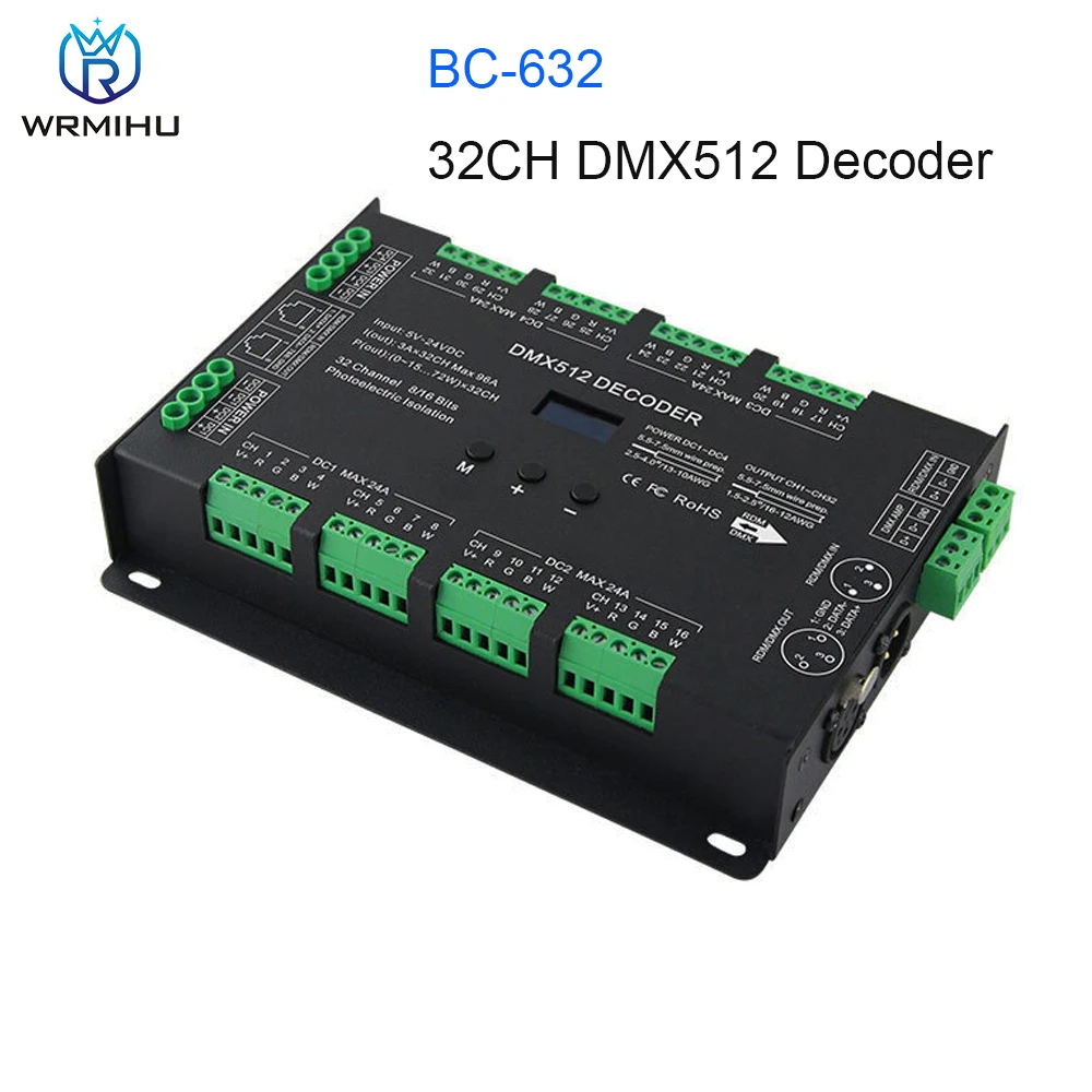 DC5V-24V BC-632 32CH DMX512 RDM Decoder Controller 3A*32Channel For Single Color/Color Temperature/RGB/RGBW Led Strip Lights
DC5V-24V BC-632 32CH DMX512 RDM Decoder Controller 3A*32Channel For Single Color/Color Temperature/RGB/RGBW Led Strip Lights