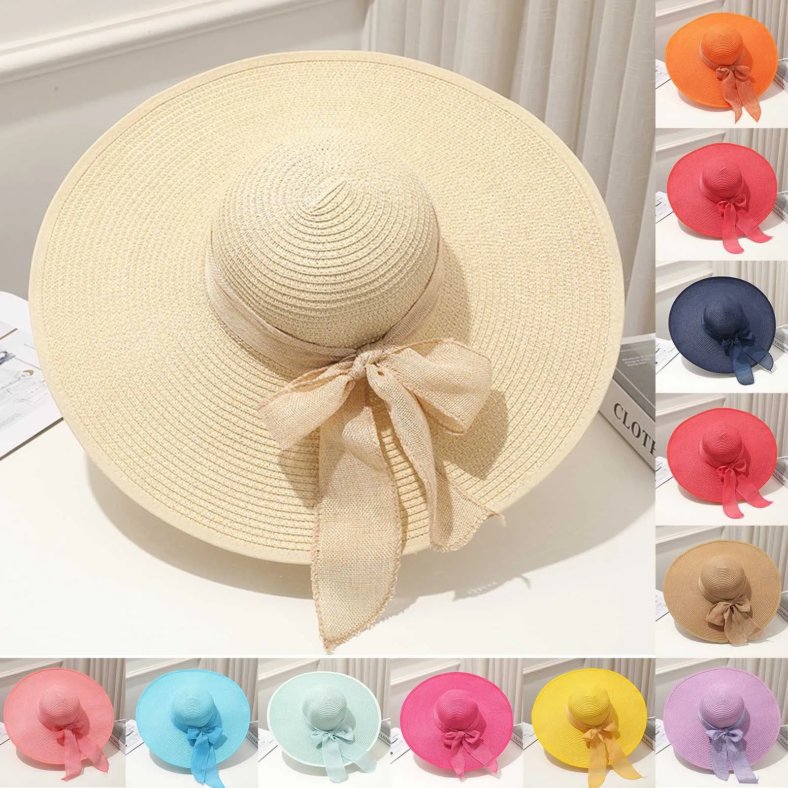 

Women Wide Brims Sun Hat Summer Shading Beach Straw Cap Outdoor Solid Color Beautiful Big bow Sunshade Hat