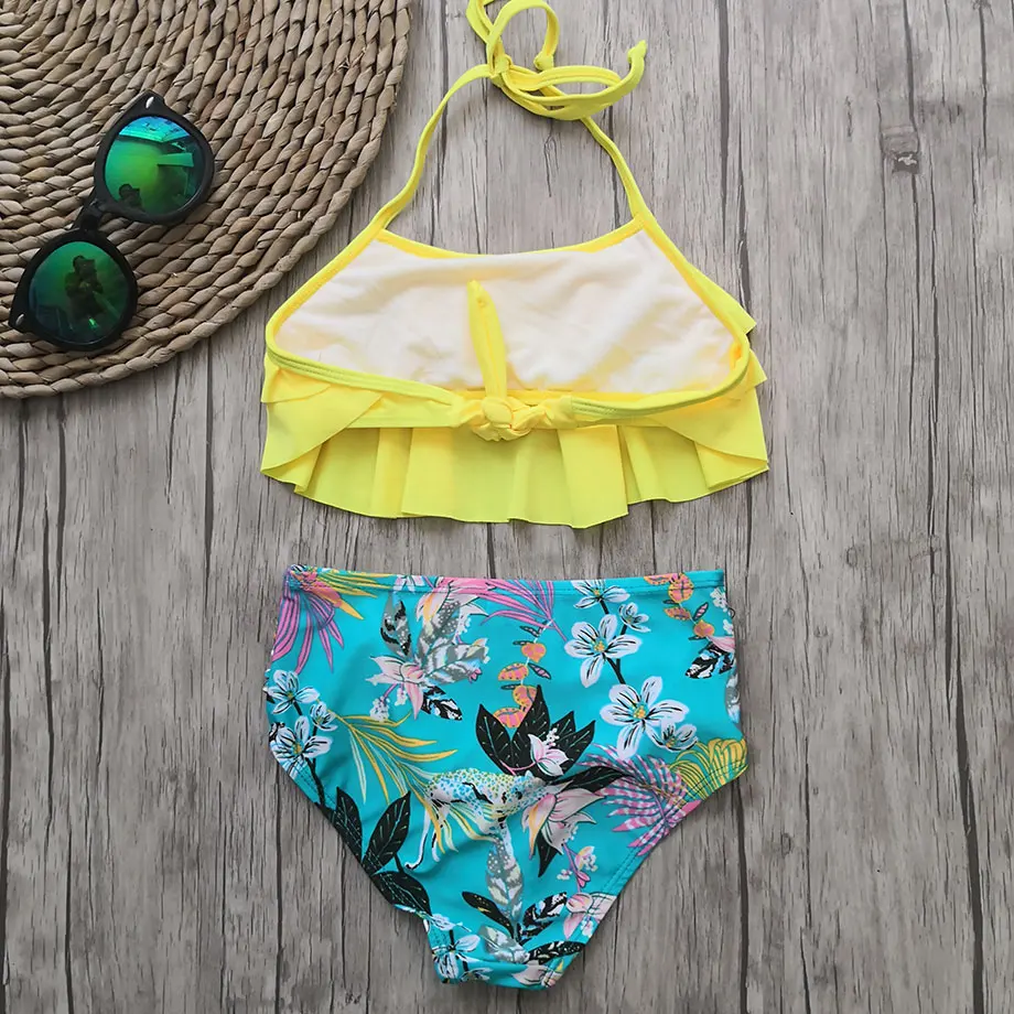 5-12 Years Falbala Girl Swimsuit Kids Floral Bikini Two Piece Children's Swimwear Halter Top Bathing Suit Girls Swim Wear | Спорт и