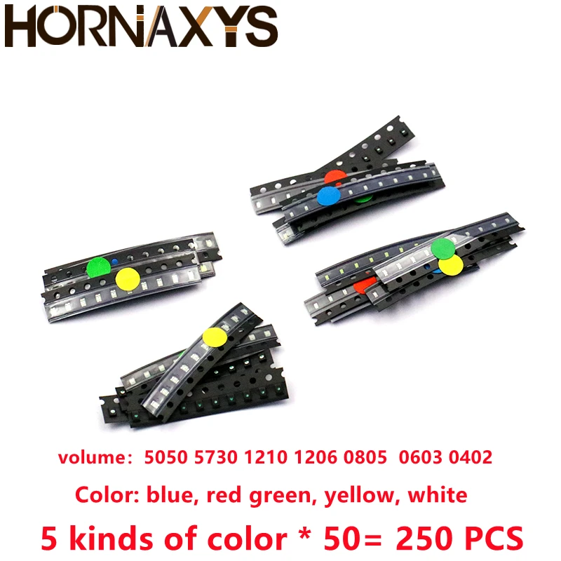 

250pcs=5colors x 100pcs 5050 5730 1210 1206 0805 0603 0402 SMD LED Diode Kit Red / Green / Blue / White / Yellow