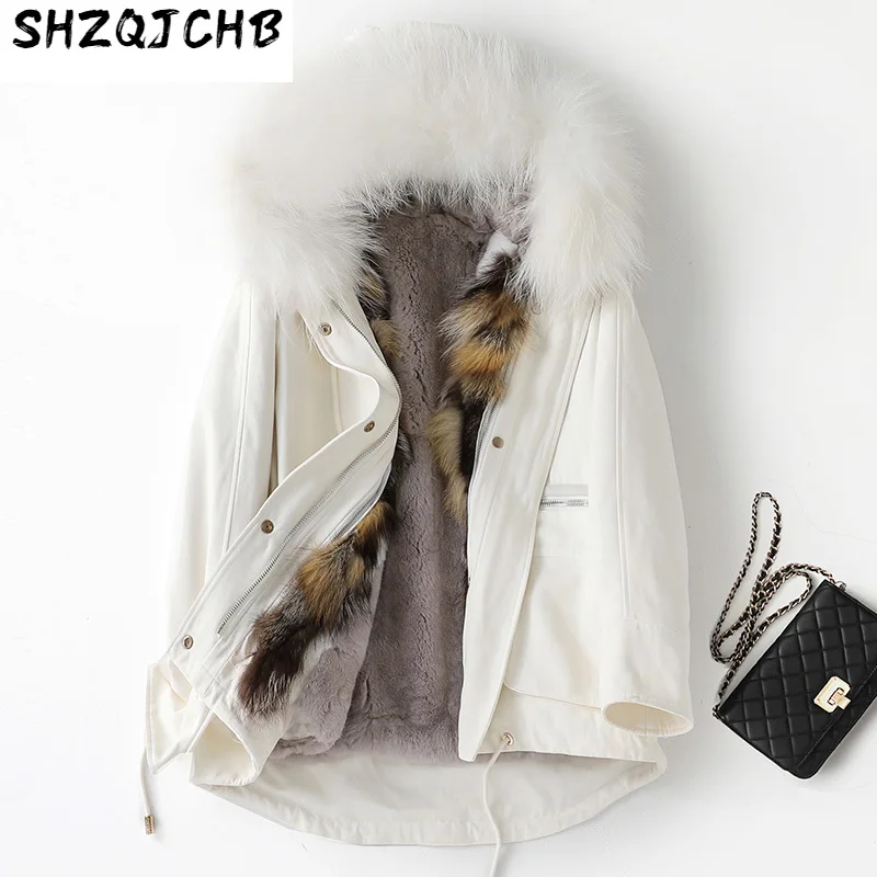 

SHZQ новая зимняя парка, женское меховое пальто, воротник из меха енота, собаки, подкладка из кроличьего меха
