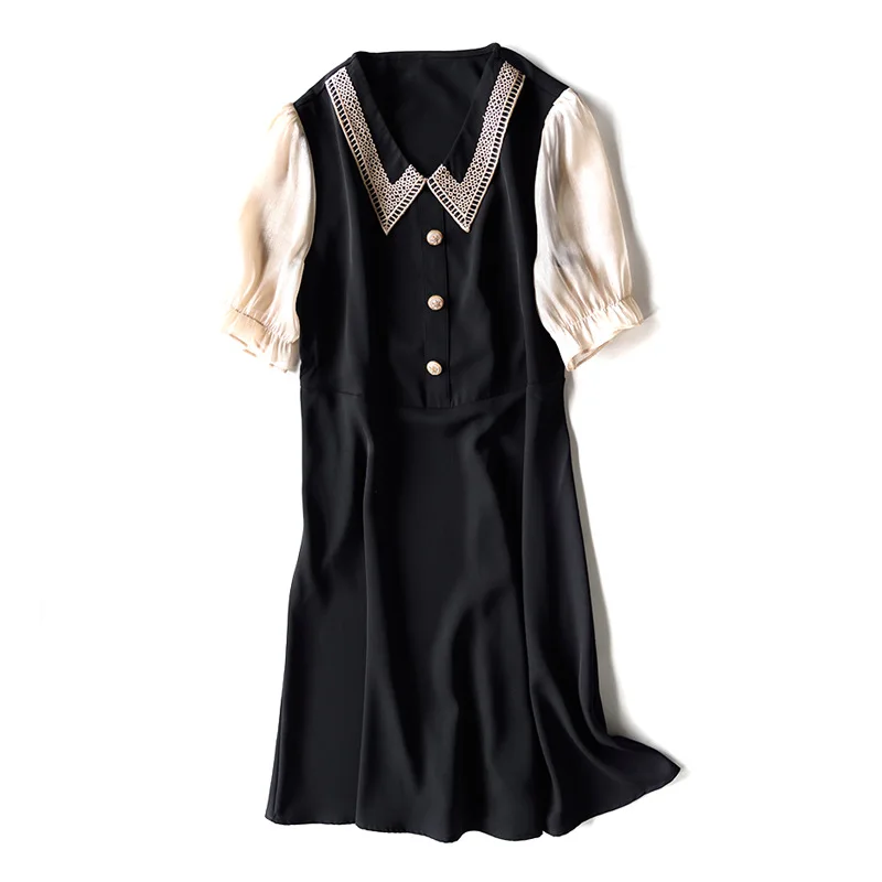 2021 Summer Short Sleeve Patchwork Dresses for Women Elegant Black Dress New Temperament Turn Down Collar Vestidos Mujer
2021 Summer Short Sleeve Patchwork Dresses for Women Elegant Black Dress New Temperament Turn Down Collar Vestidos Mujer