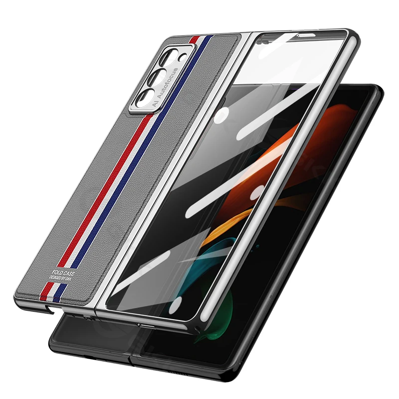 Кожаный + закаленное стекло полная защита жесткий чехол для Samsung Galaxy Z Fold 2