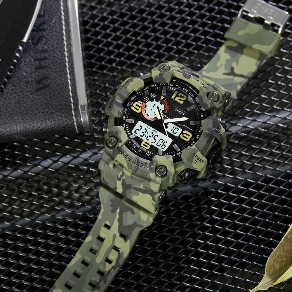 Модные кварцевые цифровые мужские часы с двойным временем армейские зеленые