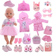 Cute Doll Clothes Shoes Pink Kitty Cat Pajamas Bag Hangers Glasses Handmade Accessories Fit 43cm Baby Born&18 Inch American Doll