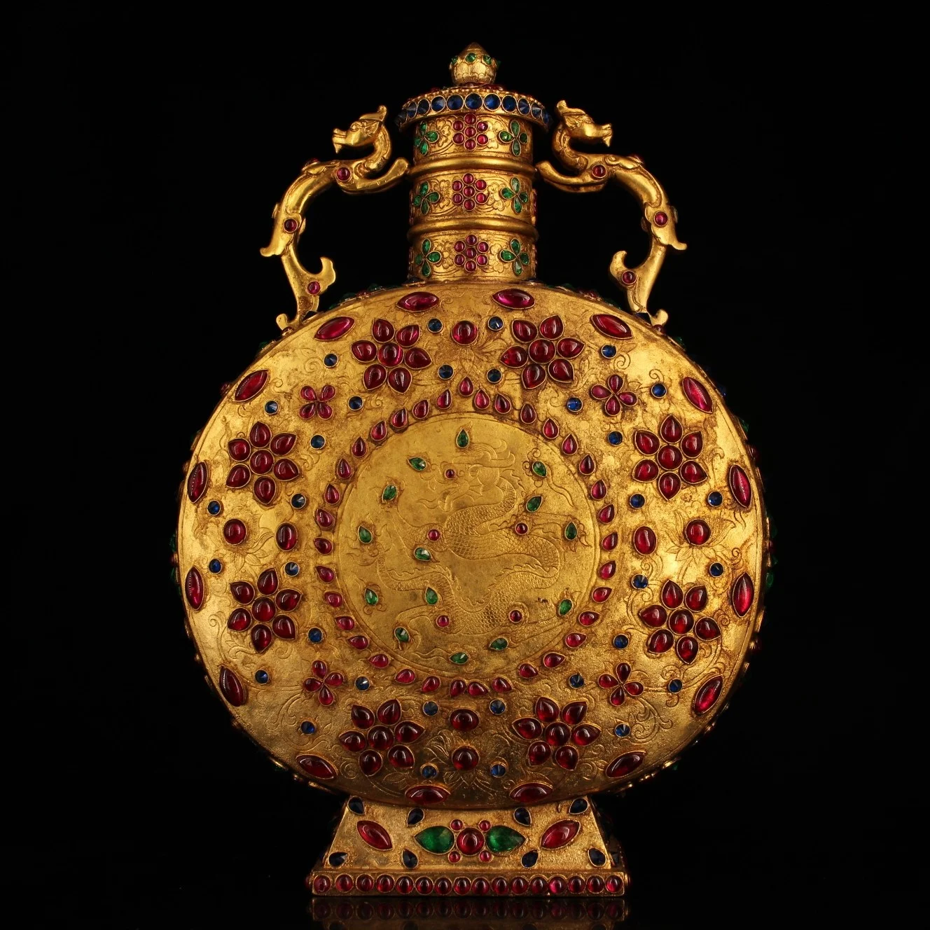 18"Tibetan temple collection Old Bronze Gilt Real gold mosaic Red Gem Chinese Dragon and Phoenix Vase Ornaments Town House
18"Tibetan temple collection Old Bronze Gilt Real gold mosaic Red Gem Chinese Dragon and Phoenix Vase Ornaments Town House