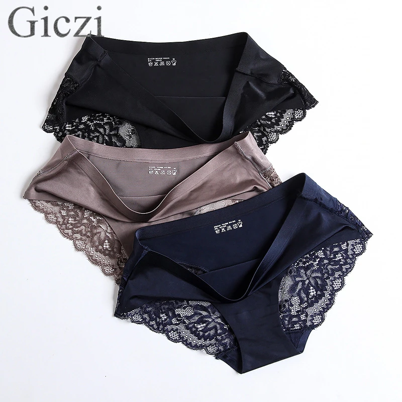 Giczi Hot Sale Lace Women's Panties Silk Satin Ladies Underwear High Quality Girl Briefs Sexy Lingerie Large Size Underpants 3PC | Женская