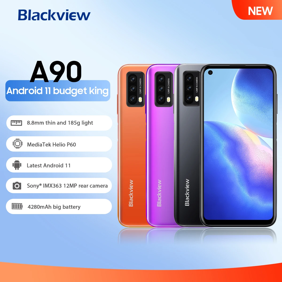 

Blackview A90 Android 11 Smartphone Helio P60 Octa Core 4GB RAM 64GB ROM 6.39" HD NFC Mobile Phone 4280mAh 4G LTE Cellphone