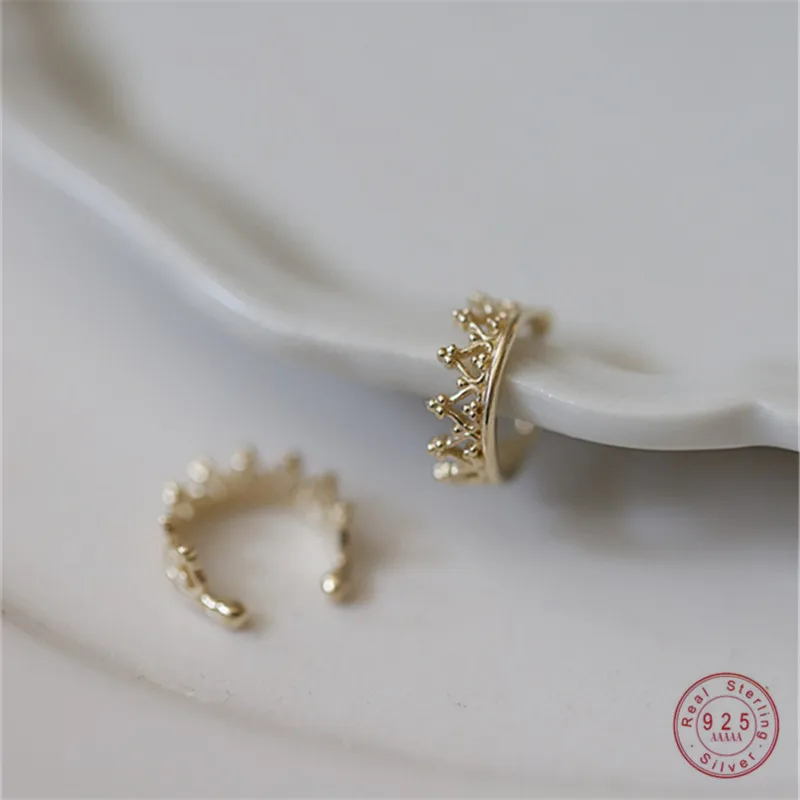 

925 Sterling Silver French Simple Crown Ear Bone Clip Women No Pierced Classic Temperament Palace Style Jewelry Gift
