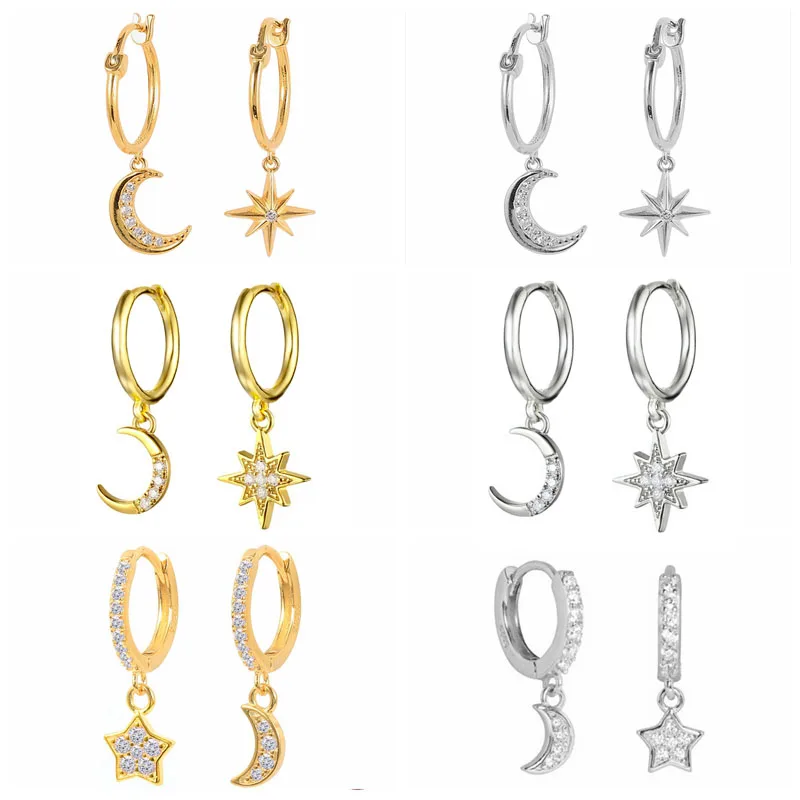 CANNER S925 Silver Hoop Earring Asymmetry Micro-inlaid Zircon Moon Star Huggie Earrings For Women Girl Korean Jewelry Brincos
CANNER S925 Silver Hoop Earring Asymmetry Micro-inlaid Zircon Moon Star Huggie Earrings For Women Girl Korean Jewelry Brincos