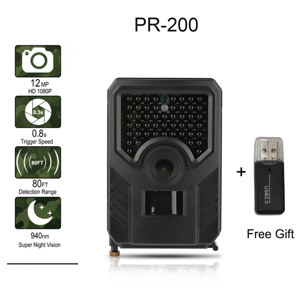 PR-200-B Trail Camera Outdoor Scouting Camera 0.8s Trigger Time PIR Sensor Wide Angle Infrared HD Night Vision Hunting Cameras
PR-200-B Trail Camera Outdoor Scouting Camera 0.8s Trigger Time PIR Sensor Wide Angle Infrared HD Night Vision Hunting Cameras