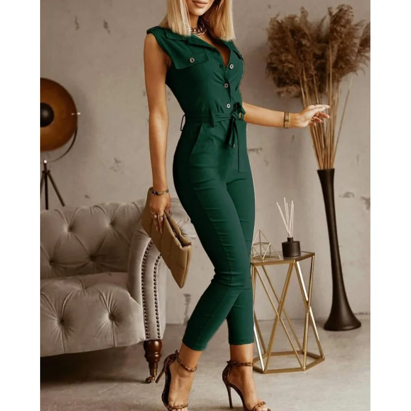 2021 New Fashion Women Slim Jumpsuits Ladies Button Front Pocket Design Sleeveless Jumpsuit With Belt
2021 New Fashion Women Slim Jumpsuits Ladies Button Front Pocket Design Sleeveless Jumpsuit With Belt