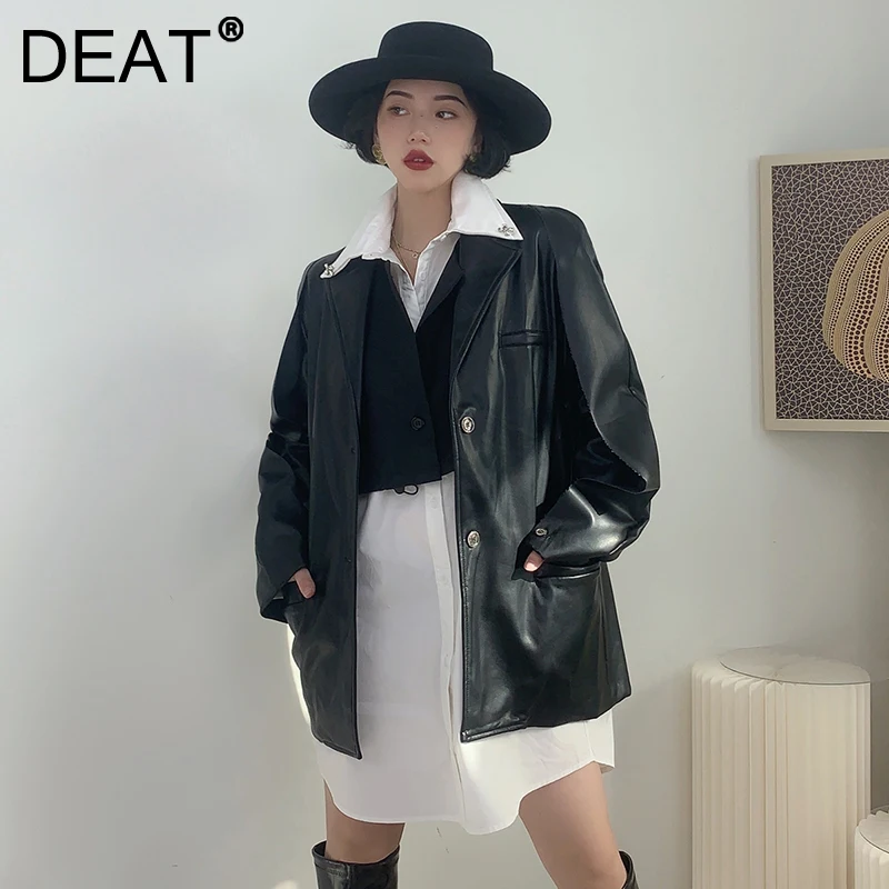 Женская куртка из ПУ кожи DEAT, однобортная Свободная куртка из искусственной кожи с отложным воротником, Осень-зима 2021
Женская куртка из ПУ кожи DEAT, однобортная Свободная куртка из искусственной кожи с отложным воротником, Осень-зима 2021