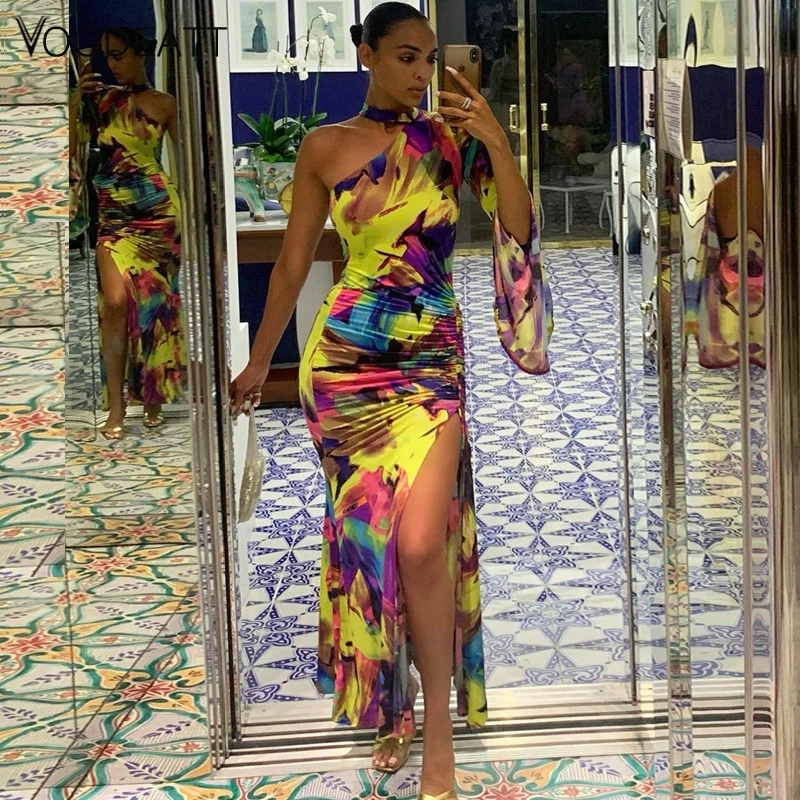 Women's Sexy One Shoulder Split Dress Printed O Neck Frilled Drawstring Midi Dress Party Club Wear 2020 Spring Summer
Women's Sexy One Shoulder Split Dress Printed O Neck Frilled Drawstring Midi Dress Party Club Wear 2020 Spring Summer