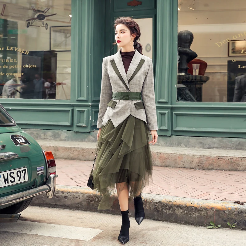 

Two Piece Set Women 2021 Autumn Grey Plaid Notched Blazer Check Office Sashes Jacket+Elastic Waist Army Green Mesh Skirt Set