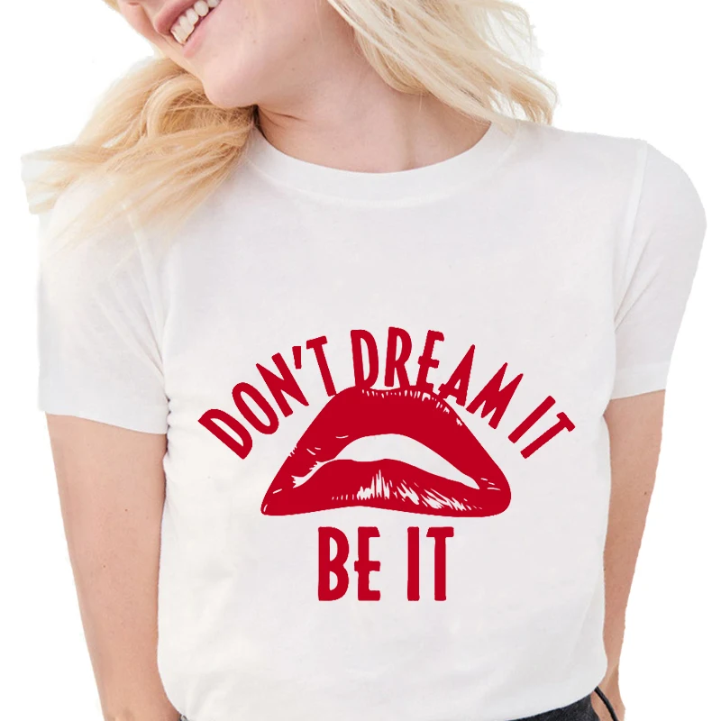 Летняя забавная футболка с губами женская принтом надписи Don't Dream It мягкие