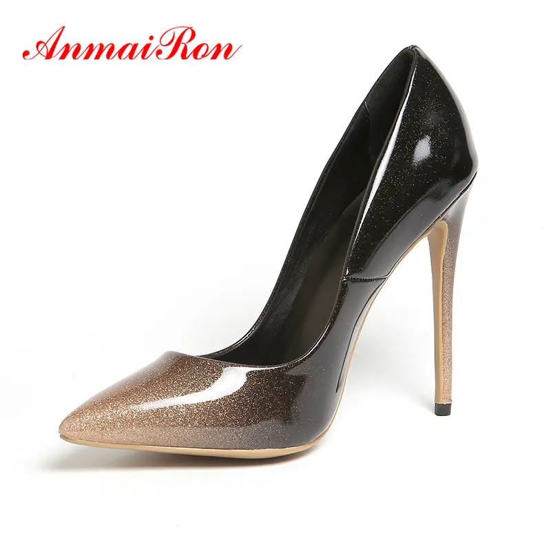 

ANAMIRON Patent Leather Pointed Toe Wedding High Heels Slip-On 2020 Basic Thin Heel Pumps Women Shoes Shallow Ladies Shoes 34-43