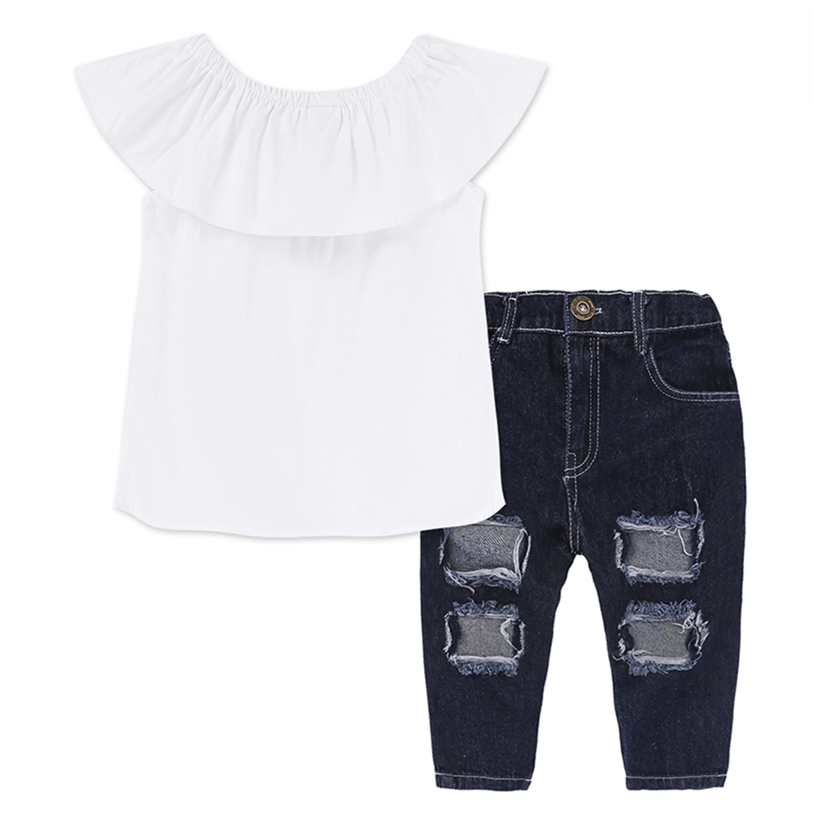 Kids Baby Girl Clothes Off Shoulder Ruffle Collar Short Sleeve White Blouse+Holes Denim Pants Summer 2pcs
Kids Baby Girl Clothes Off Shoulder Ruffle Collar Short Sleeve White Blouse+Holes Denim Pants Summer 2pcs