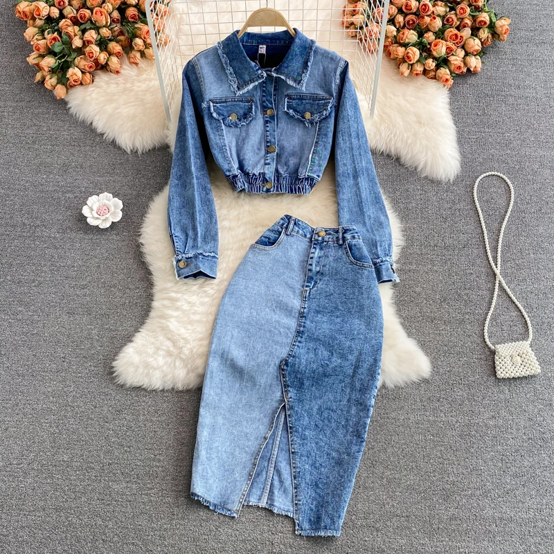 Amolapha Autumn Denim Suit Turn-down Collar Long-Sleeved Crop Outfit Jacket+Jeans Split Pack Hip High Waist Skirt Women 2pcs Set
Amolapha Autumn Denim Suit Turn-down Collar Long-Sleeved Crop Outfit Jacket+Jeans Split Pack Hip High Waist Skirt Women 2pcs Set