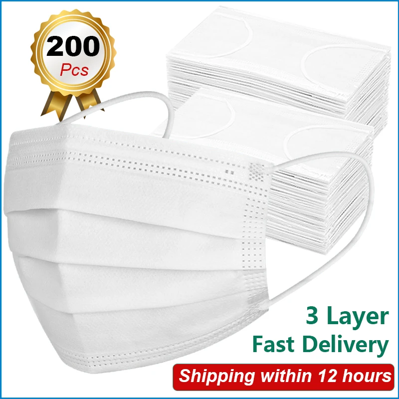 

5-200 pcs White Disposable Medical Mask Face Mask Mouth 3 Layer Breathable masque Anti Pollution Dust fog Filter Surgical Masks